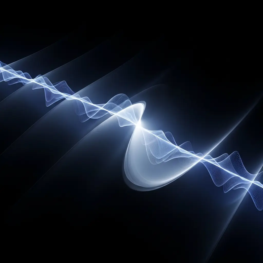 Flowing luminous wave pattern with bright curves and light streaks on a dark background, illustrating wave interference and oscillation in physics.