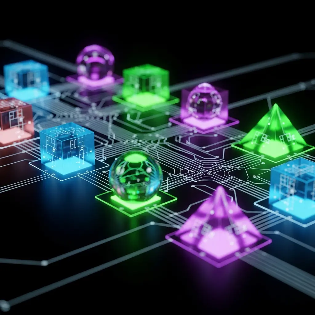 Colorful glowing cubes arranged in a network grid, connected by bright lines on a dark surface, symbolizing distributed data or blockchain nodes.