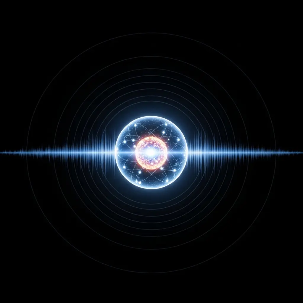 Small glowing blue sphere at the center with a horizontal light flare and faint concentric ripples radiating outward in dark space.