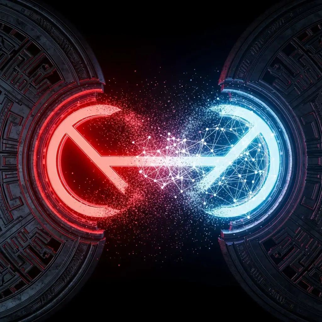 Red and blue glowing circular fields facing each other, connected by a bright central beam, suggesting opposing energy sources in interaction.