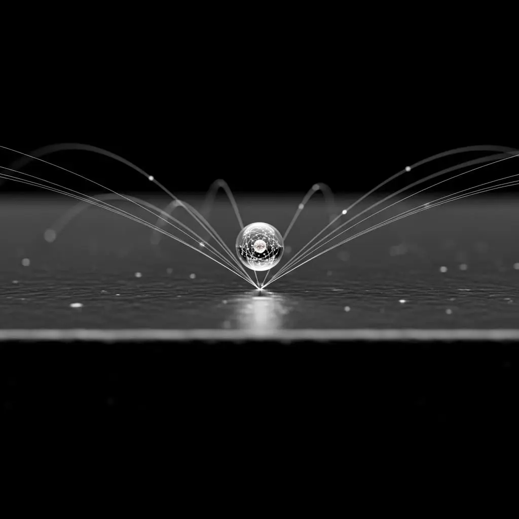 Reflective sphere resting on a flat surface with arcing motion trails, illustrating wave propagation, particle scattering, or quantum interference effects