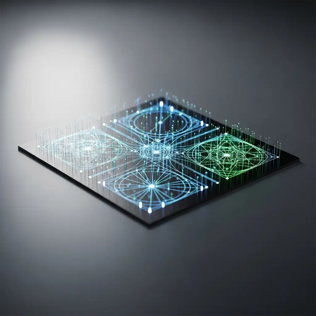 A futuristic microchip glowing with blue circuitry and quantum nodes, symbolizing quantum machine learning where qubits process complex data patterns beyond classical limits.