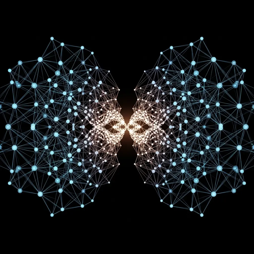 Abstract illustration of a symmetrical butterfly or bow-tie shape constructed from hundreds of tiny blue luminous dots and connecting lines, with a warm golden glowing core at the center against a dark background