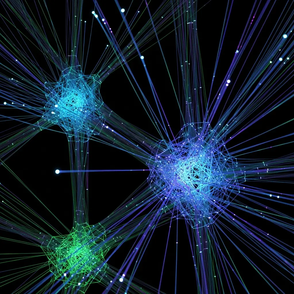 Three glowing star-like nodes in blue and green connected by radiating light streaks, forming a dynamic network in dark space.