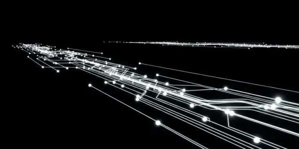 Abstract illustration of a thin elongated white light trail or beam extending diagonally across a dark background, with subtle particle sparks and a bright central intensity fading toward both ends