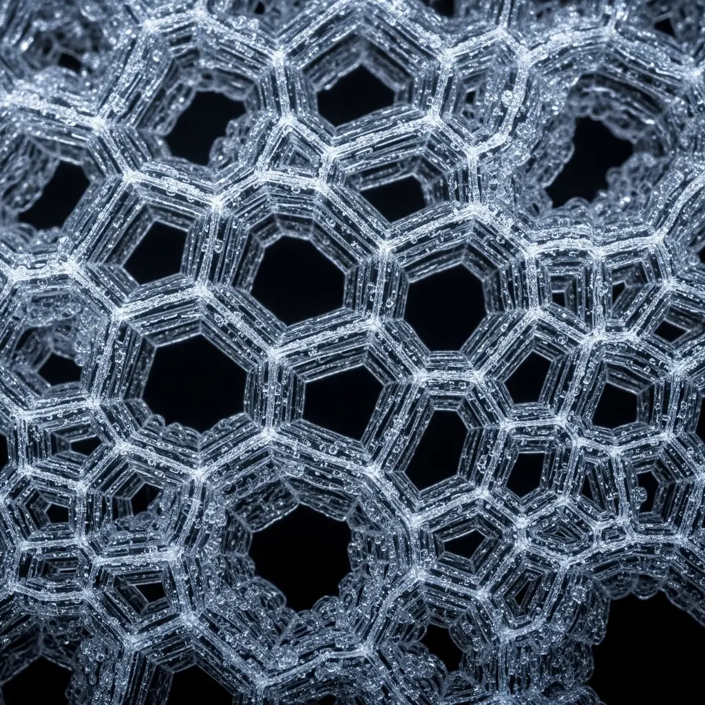 Close-up of a honeycomb-like hexagonal lattice structure in metallic gray tones, forming a repeating geometric pattern against a dark background.