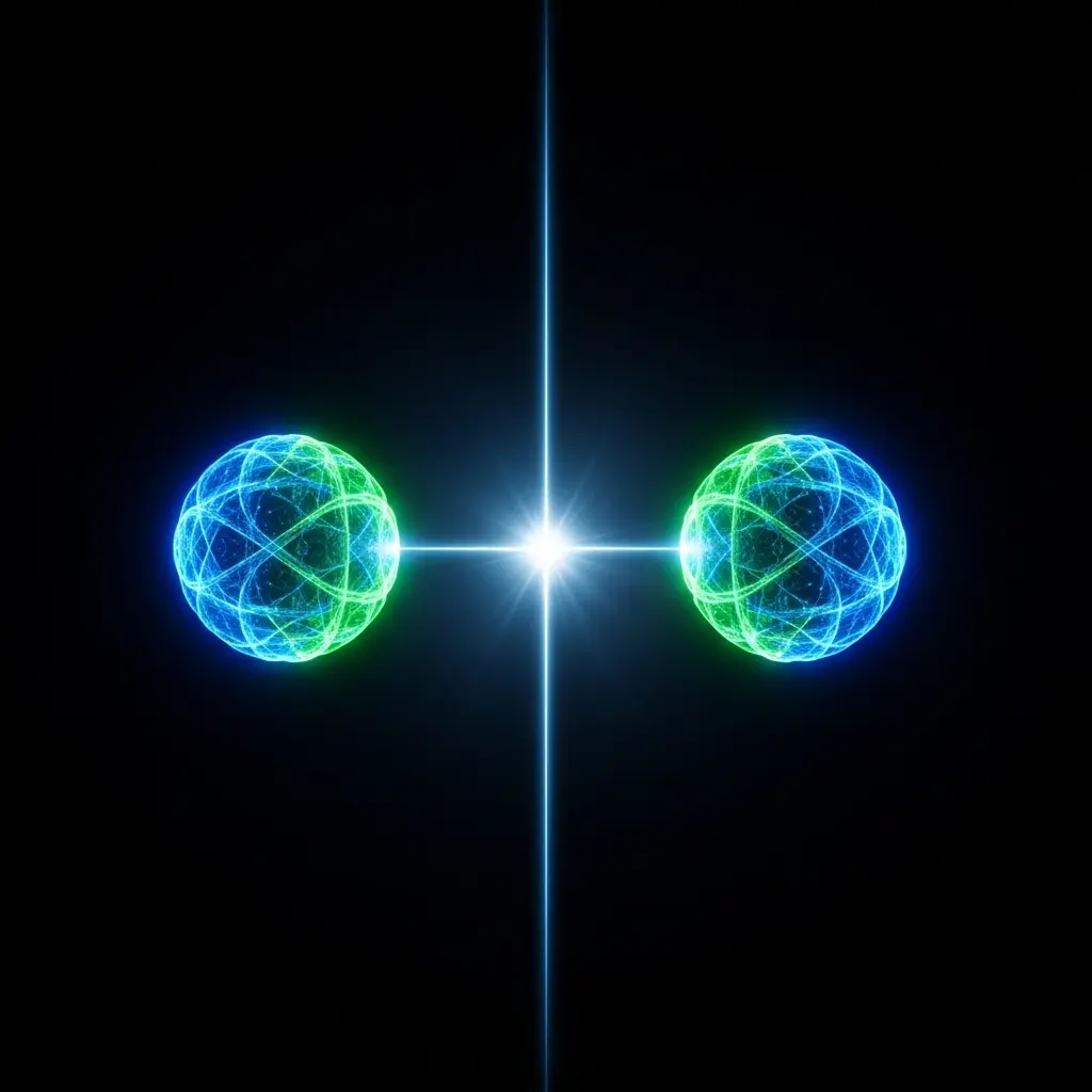 Two glowing spherical quantum particles connected by a bright central light beam, representing entanglement, quantum correlation, and nonlocal interaction