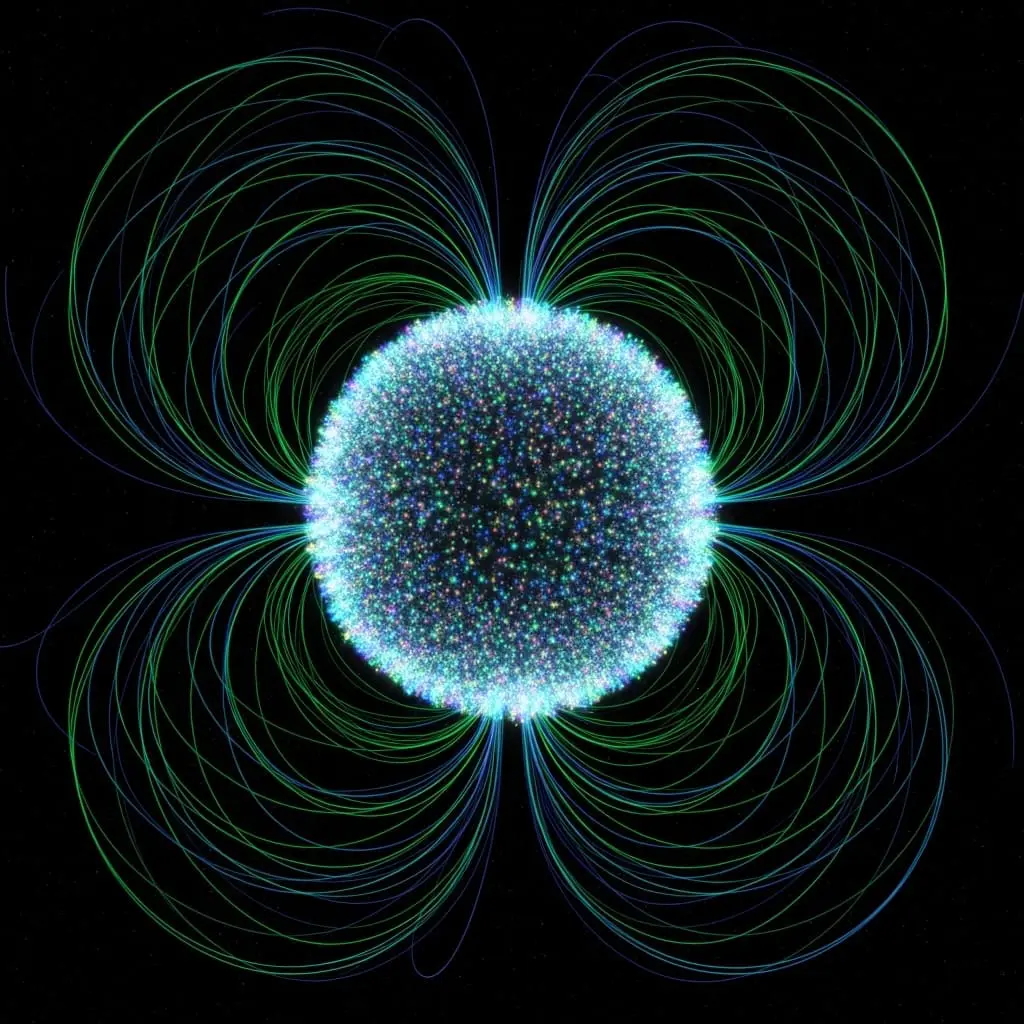 Glowing blue sphere surrounded by symmetrical green magnetic field loops forming a four-lobed pattern against a black background.