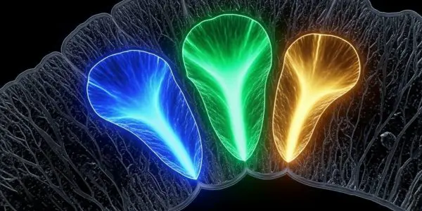 Microscopic cross-section of a structure with three glowing lobes in blue, green, and yellow, illustrating energy transport or quantum states within a material.