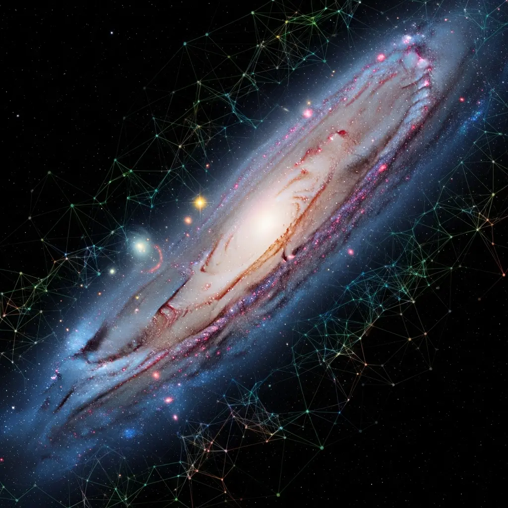 Stunning astronomical illustration of a large spiral galaxy viewed at a tilted angle, featuring a bright white and golden central bulge with sweeping blue-white spiral arms extending outward into a deep black star-filled space