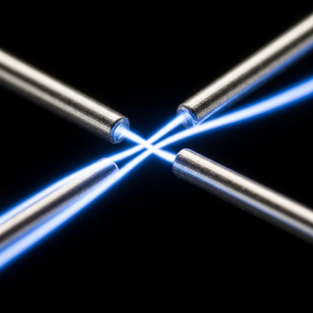 Two bright blue light beams crossing diagonally in an X shape, forming a glowing intersection against a black background.