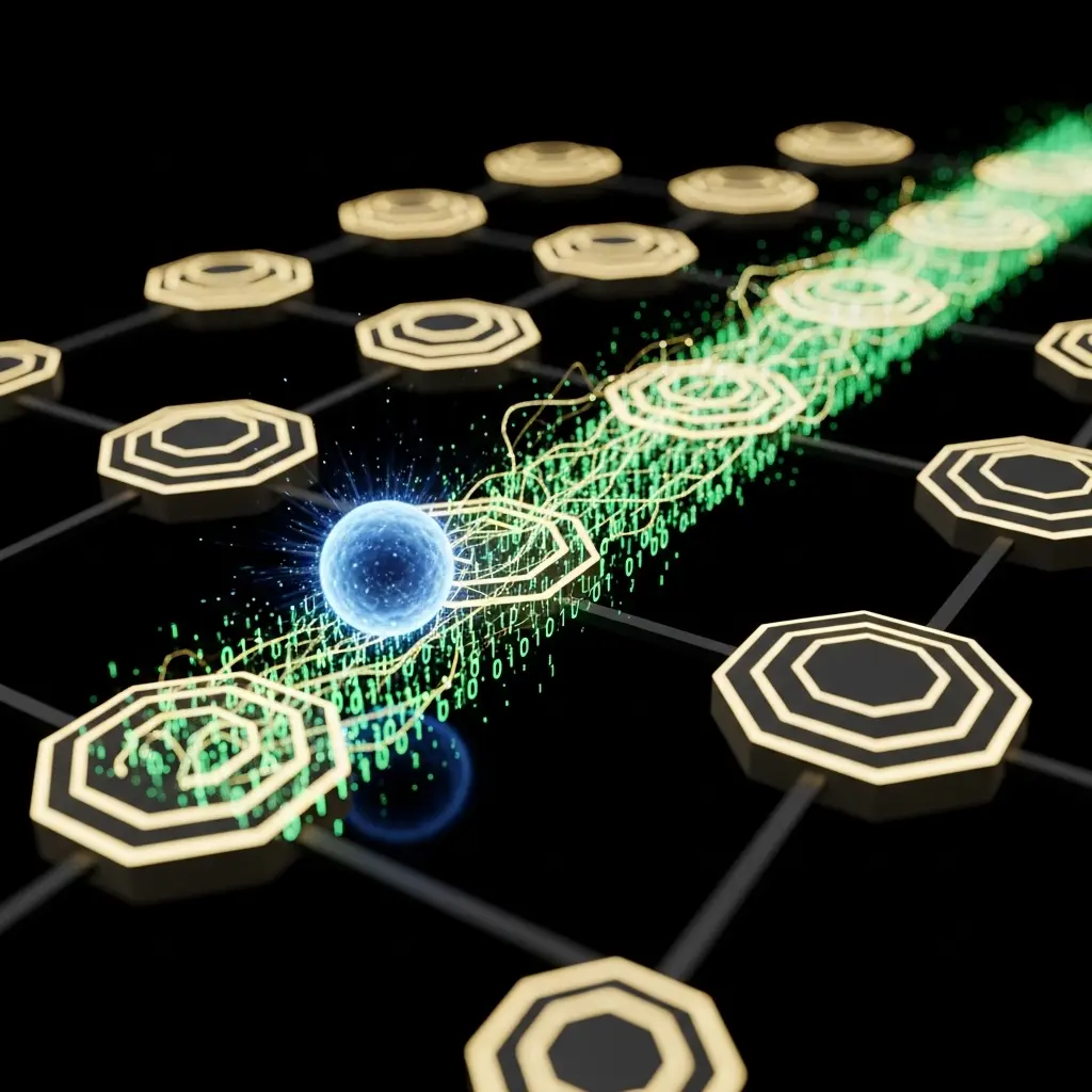 Glowing circuit pathways connecting multiple round nodes, with a bright central hub, illustrating a digital or neural network layout.