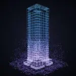Wireframe skyscraper emerging from a network of glowing nodes and connections, symbolizing smart cities, digital infrastructure, and quantum-enabled computing systems.