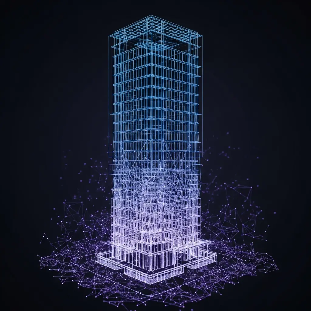 Wireframe skyscraper emerging from a network of glowing nodes and connections, symbolizing smart cities, digital infrastructure, and quantum-enabled computing systems.