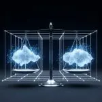 Digital balance scale weighing two glowing cloud-like data forms inside a geometric frame, symbolizing equilibrium in quantum computing or cloud technology systems.
