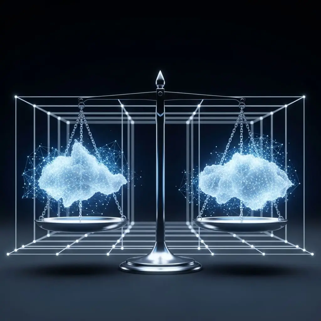 Digital balance scale weighing two glowing cloud-like data forms inside a geometric frame, symbolizing equilibrium in quantum computing or cloud technology systems.