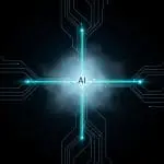 Abstract illustration of the letters 'AI' glowing in bright teal at the intersection of a cross-shaped beam of light, with circuit board trace patterns radiating outward in four directions against a dark background