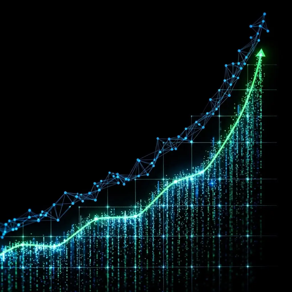 Upward-trending blue data graph with glowing line and grid background, illustrating rapid growth or exponential increase.