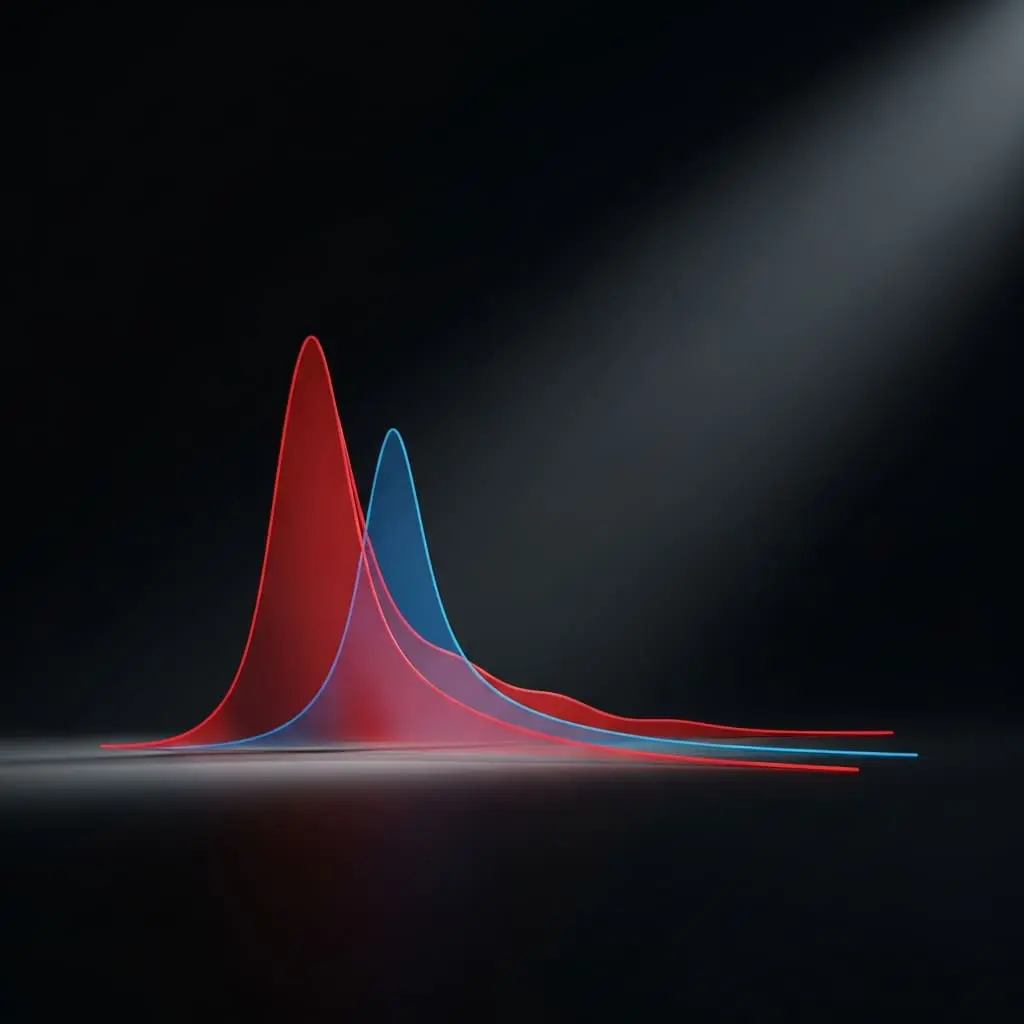 Abstract illustration of two overlapping Gaussian bell curves — one red and one blue — rising from a reflective surface with soft dramatic lighting against a dark grey background