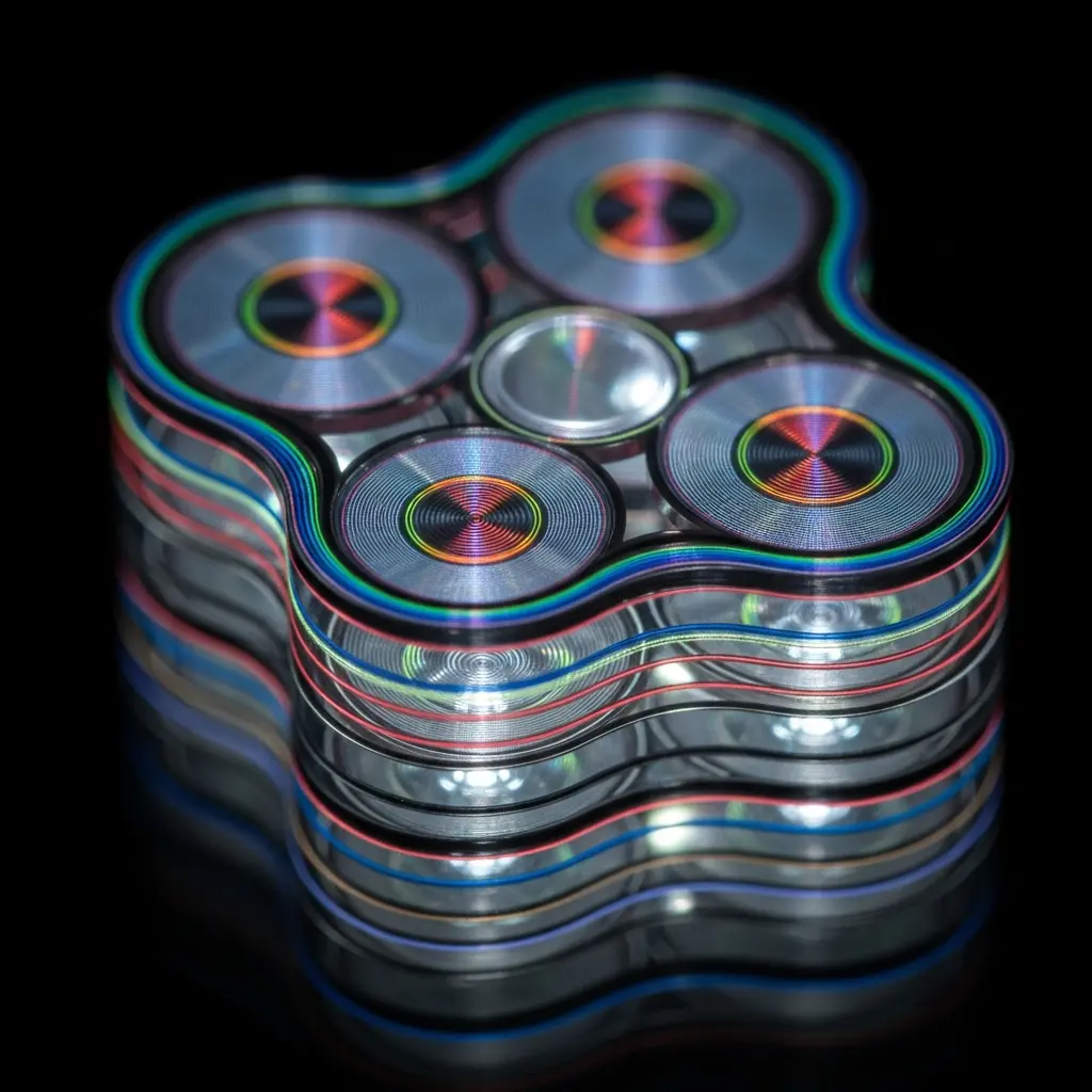 Abstract metallic structure with five circular, disk-like components arranged in a clover shape, layered with iridescent reflections against a black background