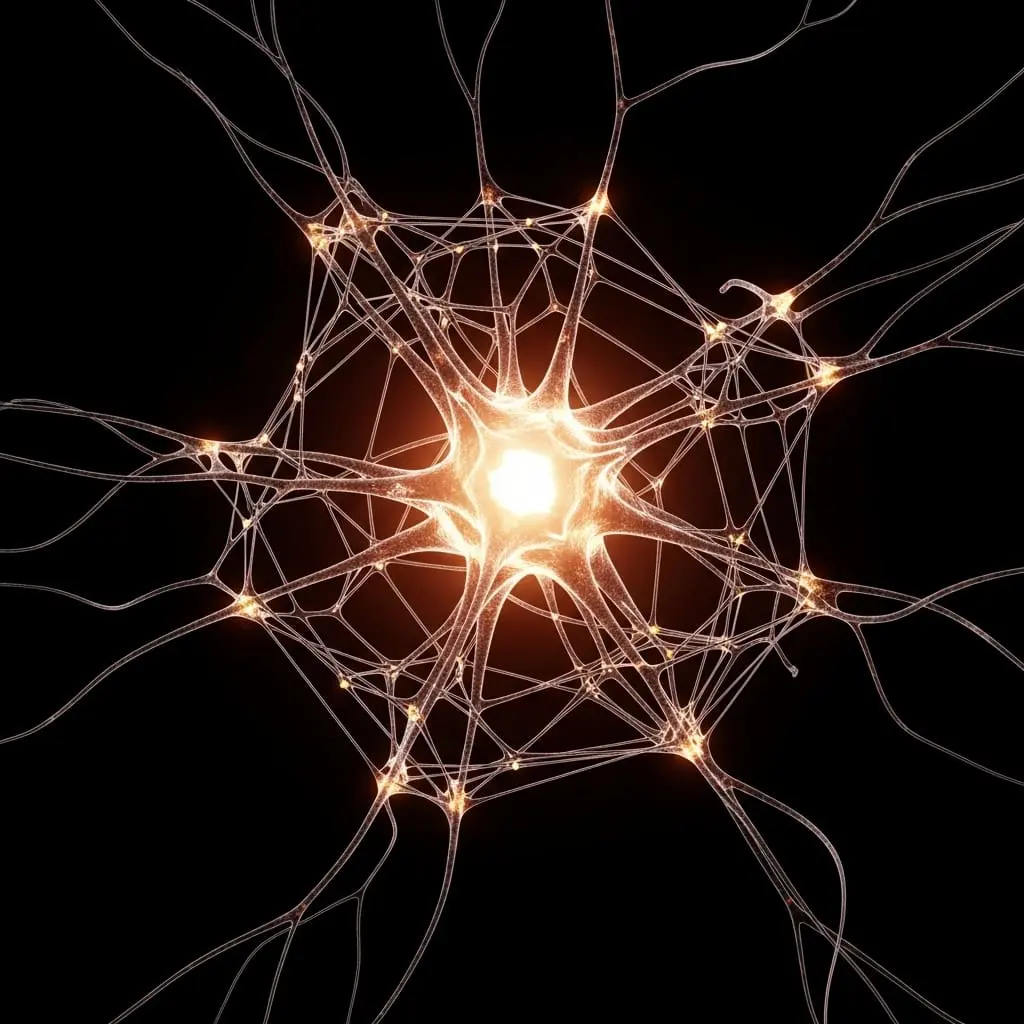 Glowing neuron-like network with branching connections radiating from a bright central core, symbolizing neural networks, synaptic signaling, and quantum-inspired computing.