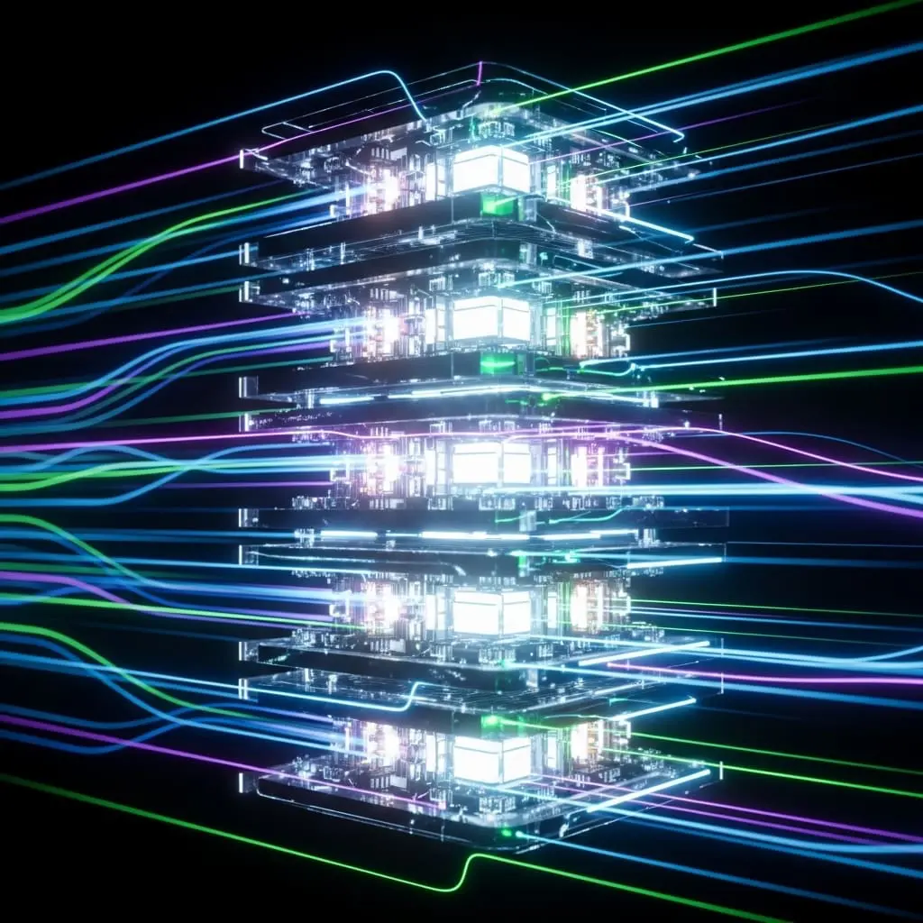 Abstract digital illustration of green, blue, and white light beams or fiber optic strands radiating from a glowing central light source on a dark background