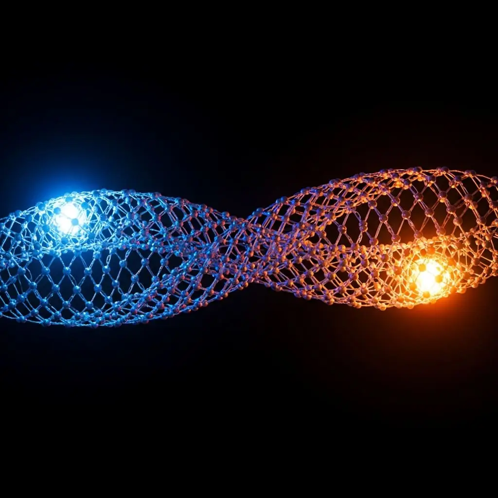 Interwoven blue and orange energy strands meeting at a bright central point, forming a dynamic wave-like connection on a dark background.