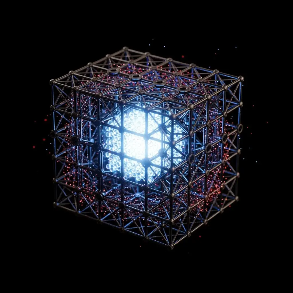 Glowing white energy core enclosed within a complex metallic cubic lattice, with red and blue particles circulating inside against a dark background.