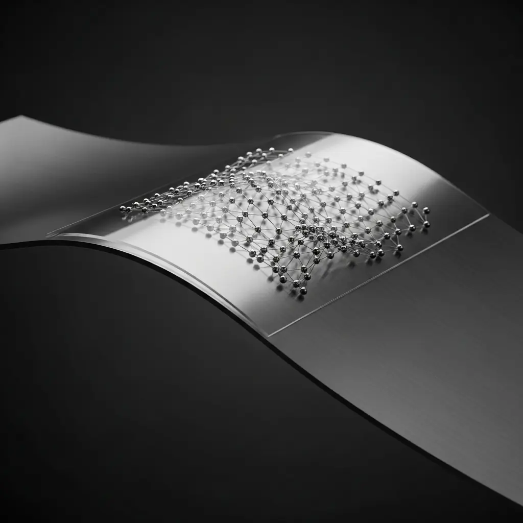 Flexible curved surface displaying a graphene-like atomic lattice of interconnected carbon atoms, illustrating two-dimensional nanomaterials and advanced materials science.