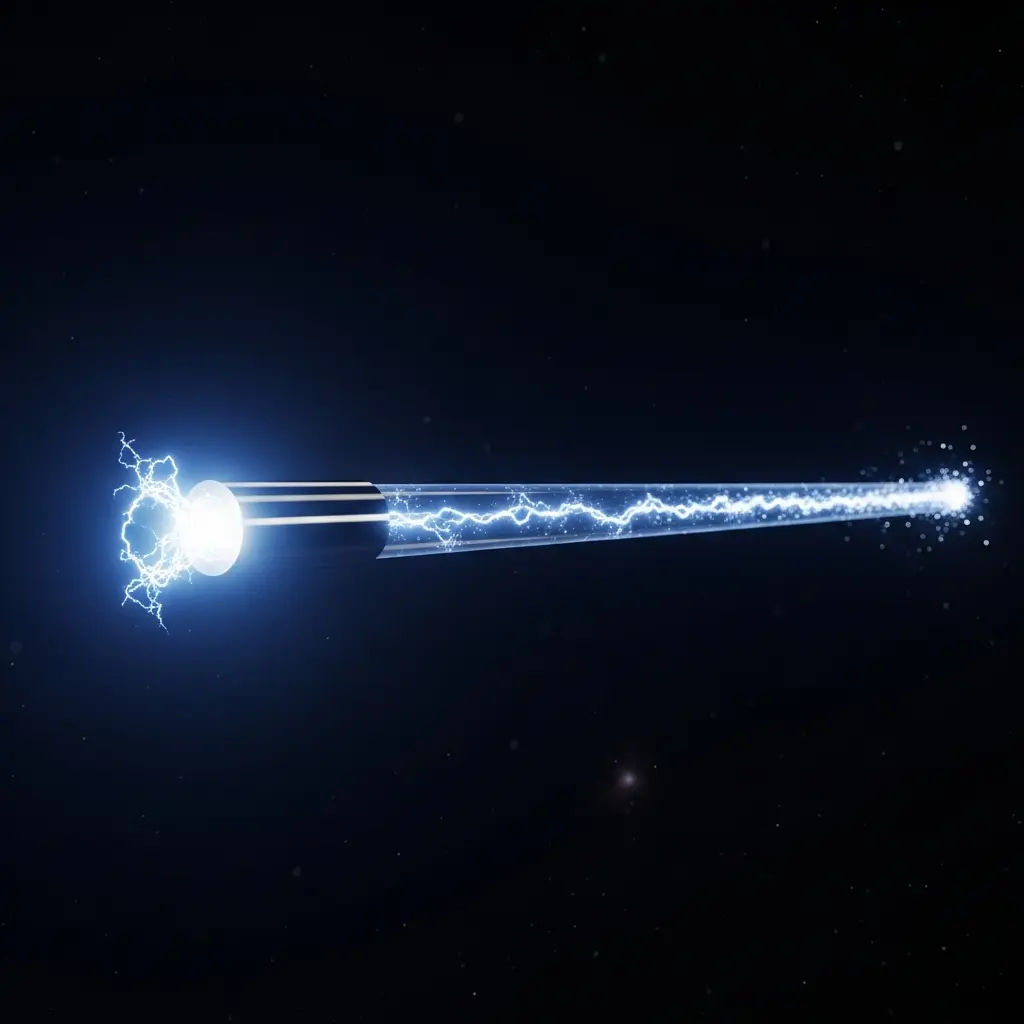Bright concentrated energy beam emitting from a glowing source and traveling through space, symbolizing high-energy particles or laser propagation in physics