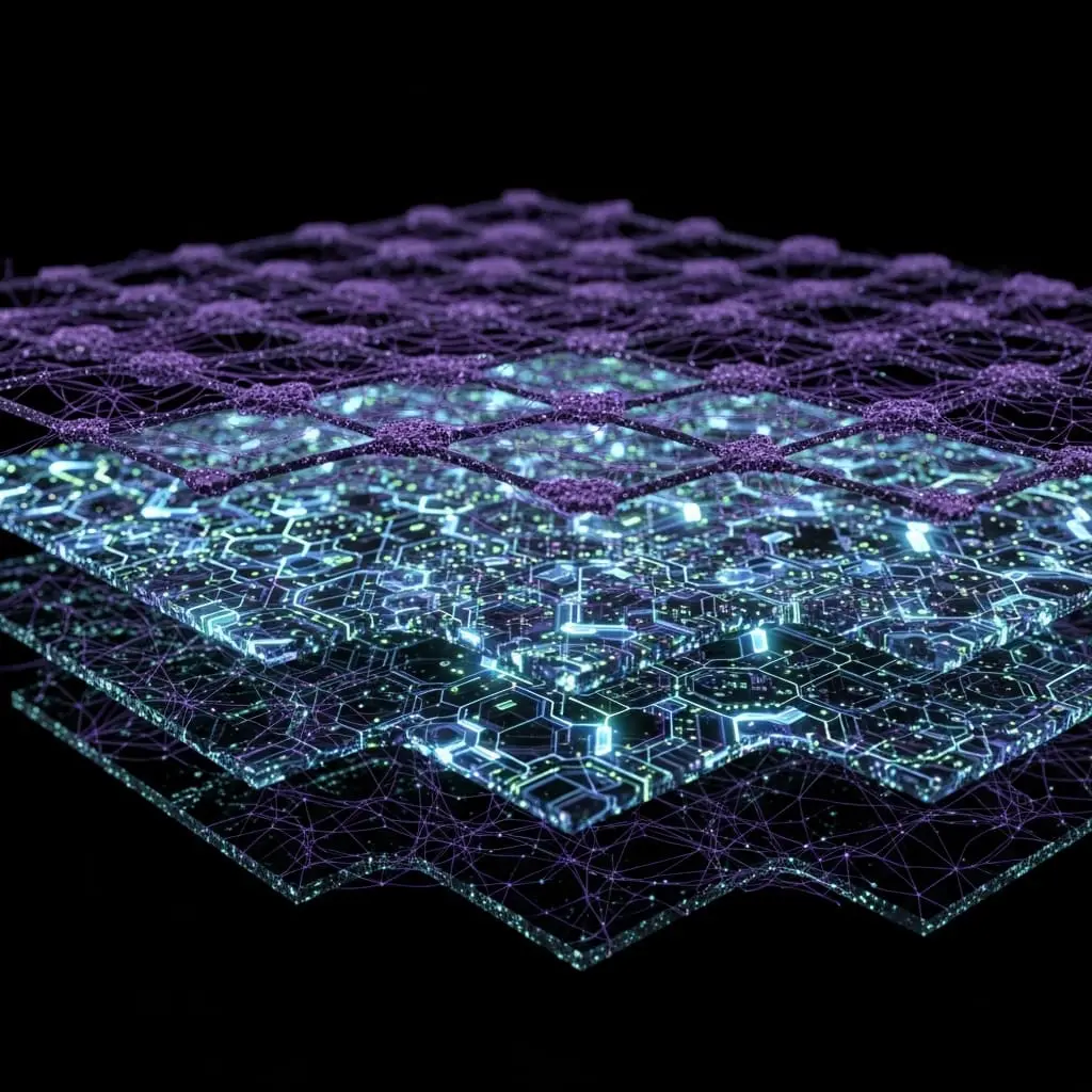 Abstract isometric illustration of multiple stacked transparent grid layers displaying different colored network or circuit patterns — blue, pink, and teal — creating a multi-dimensional data architecture visualization against a dark background