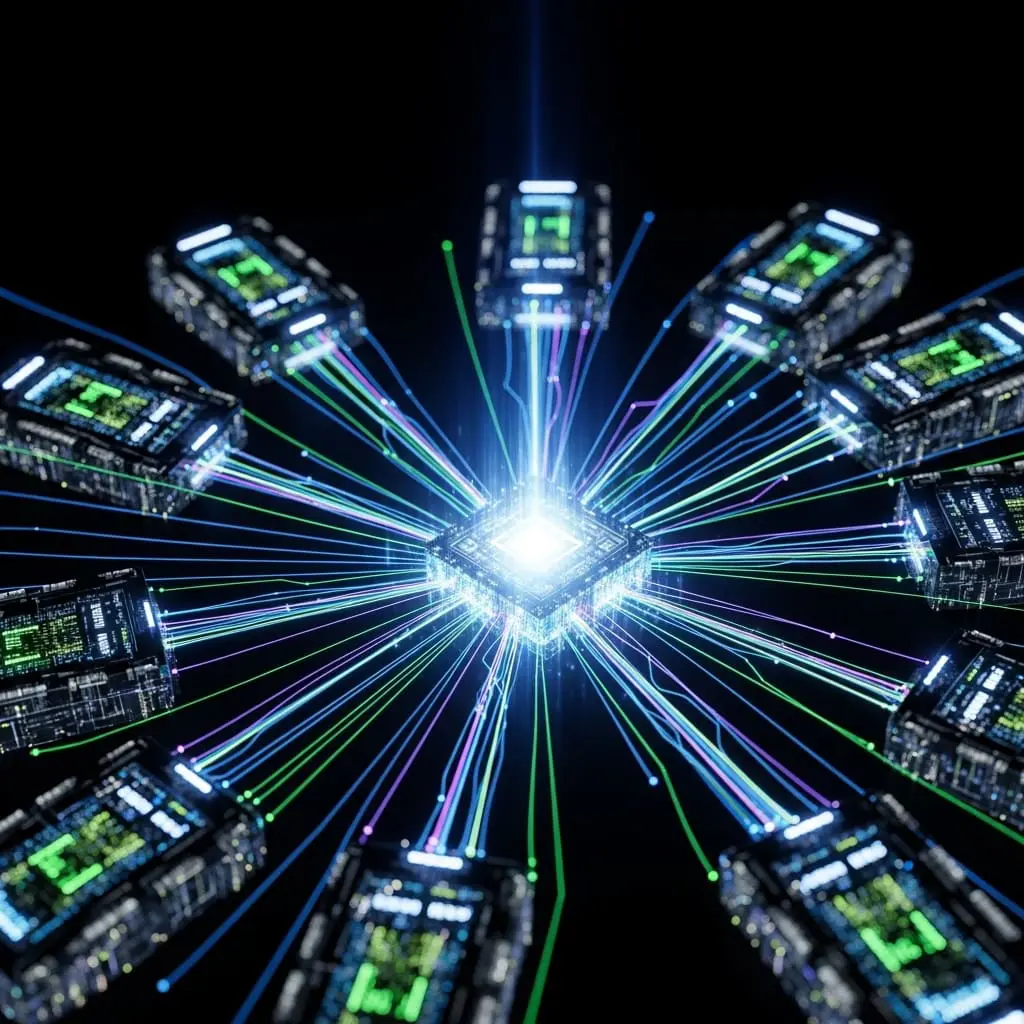 Radial burst of glowing blue and green circuit-like structures converging toward a bright white center, suggesting high-speed data flow or energy transfer.