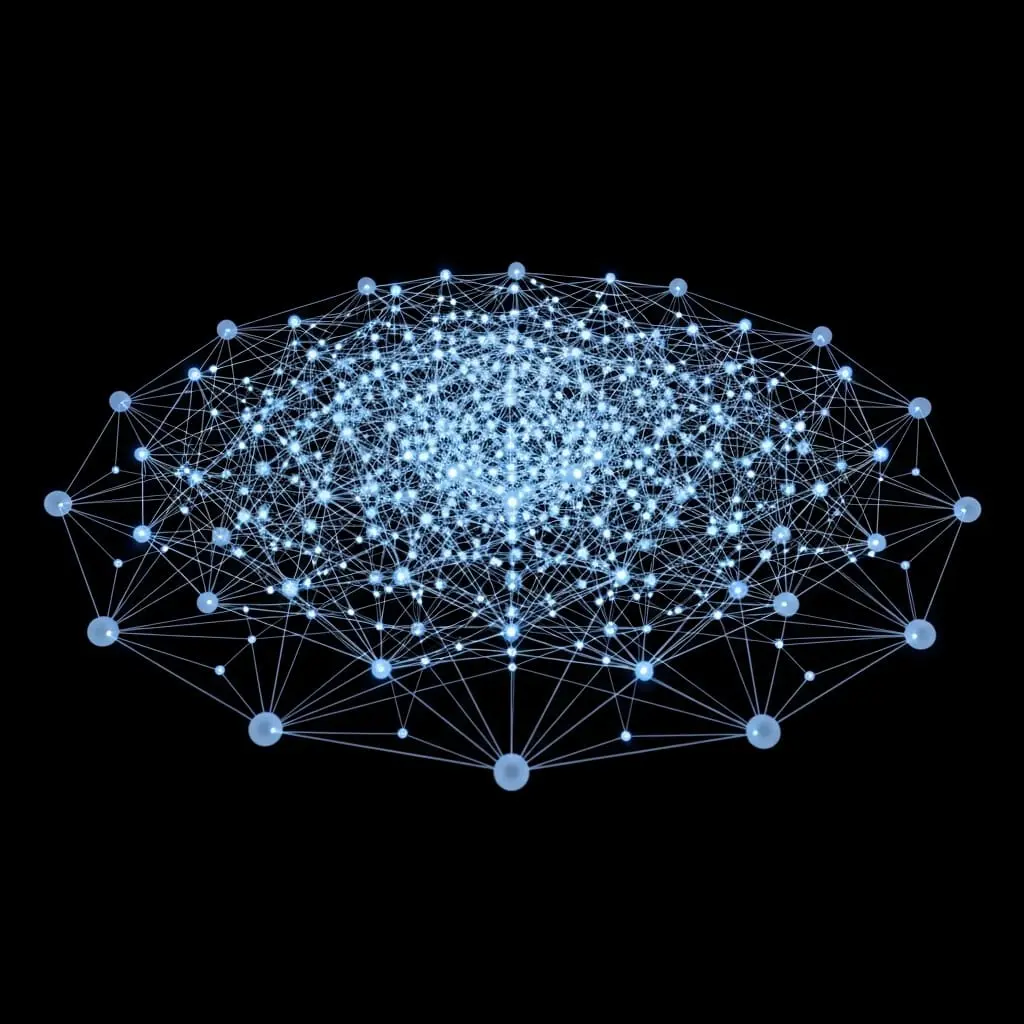 Abstract illustration of thousands of tiny luminous blue particles and connecting nodes arranged in a flattened elliptical or disc-shaped formation, denser at the center and fading toward the edges against a dark background