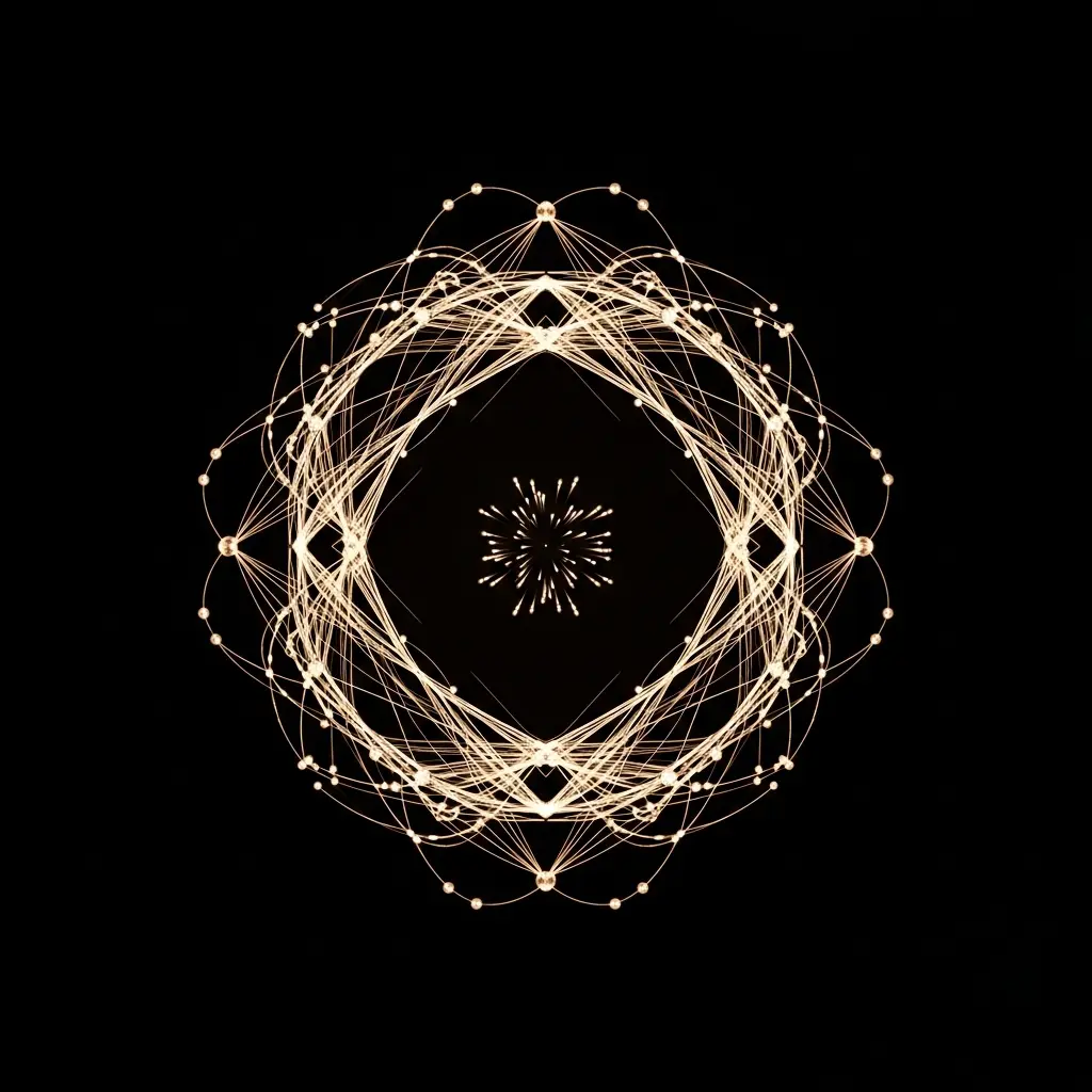 Symmetrical golden energy loops forming a circular ring pattern around a dark central void on a black background