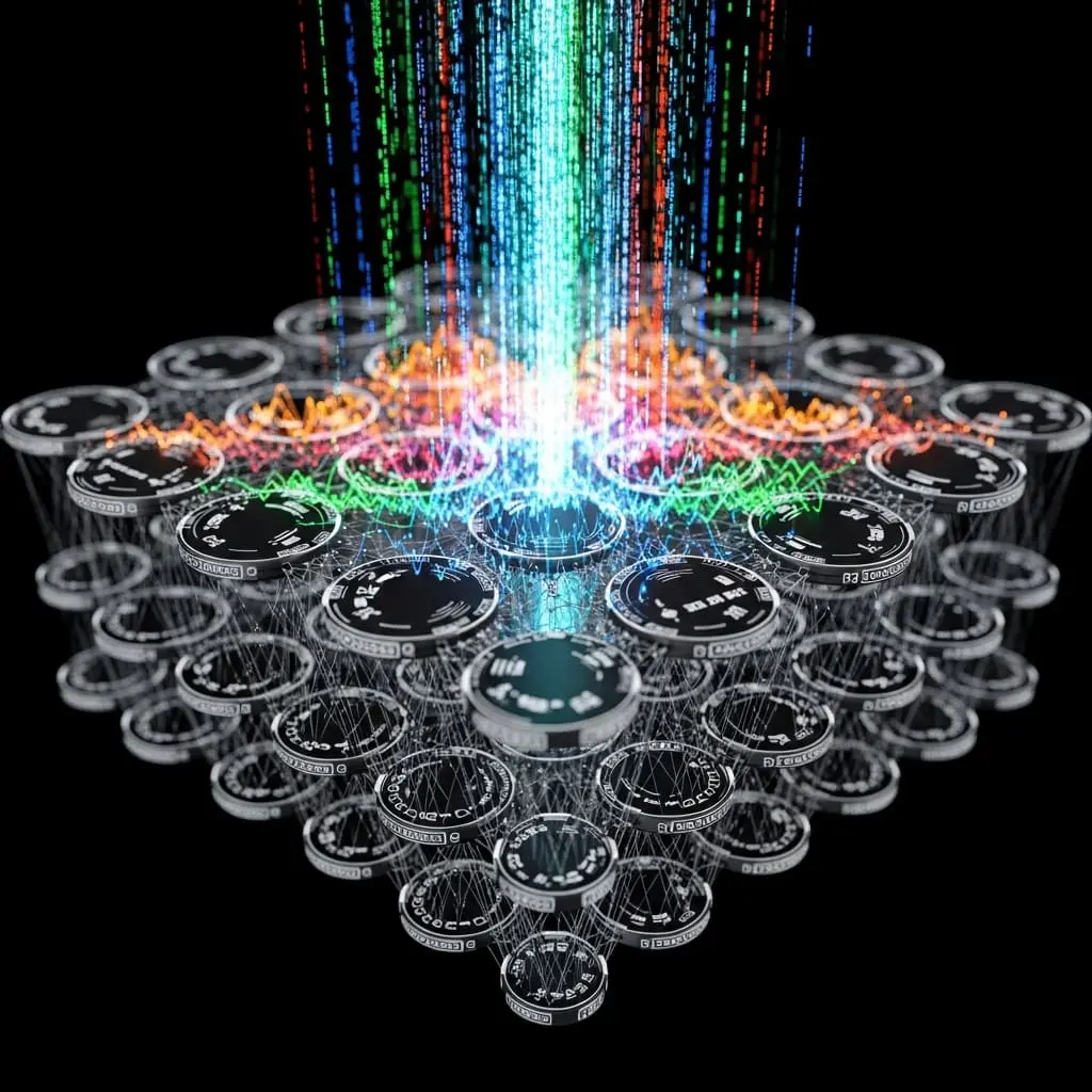 Vertical rainbow beam descending onto a symmetrical lattice of interconnected spheres, creating a glowing focal point at the center.