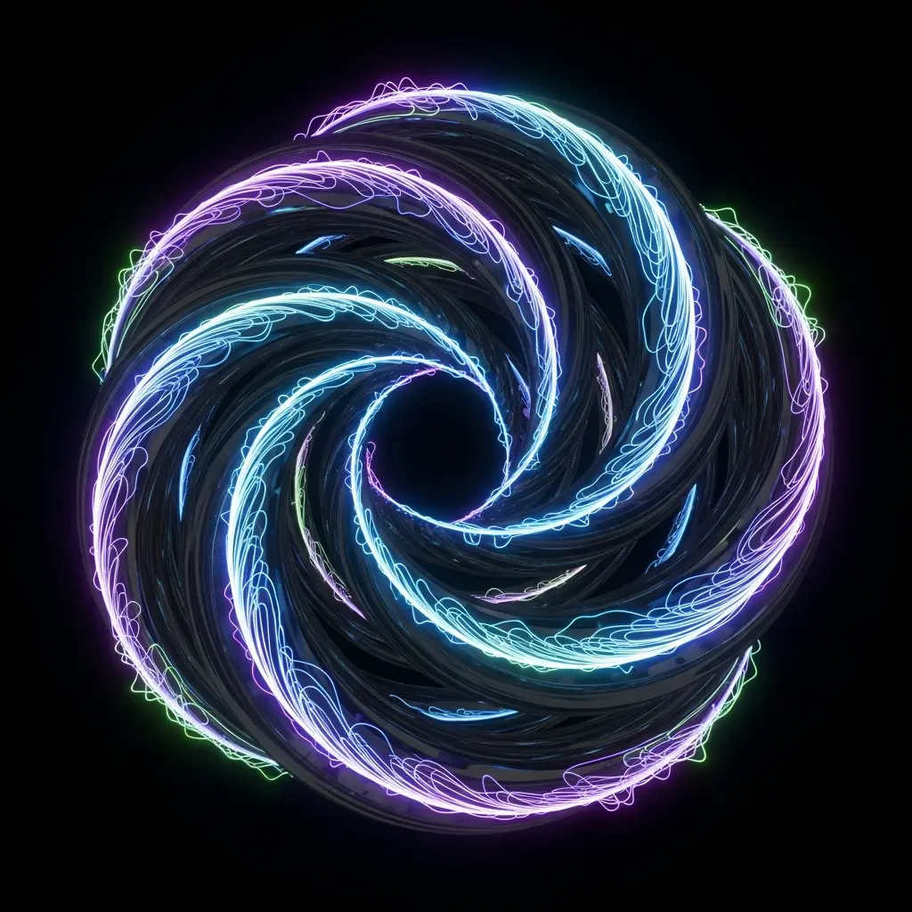 Abstract illustration of a glowing spiral or vortex shape with multiple curved arms in blue, green, and pink neon light, twisting inward toward a bright central core against a dark background