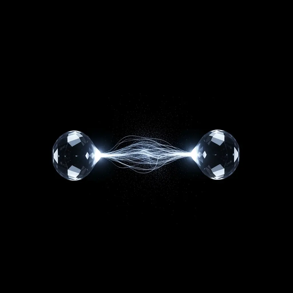 Two small glowing spheres connected by a faint luminous strand, suspended against a black background
