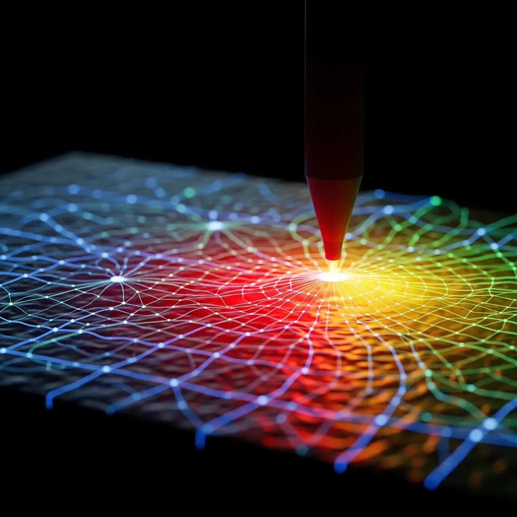 Red laser beam striking a colorful grid surface, creating a bright focal point with rainbow heat-map patterns spreading across the lattice.