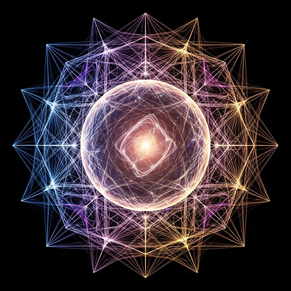 Glowing spherical core surrounded by intricate geometric lattice of interconnected lines and nodes, representing quantum fields, symmetry, and multidimensional networks.