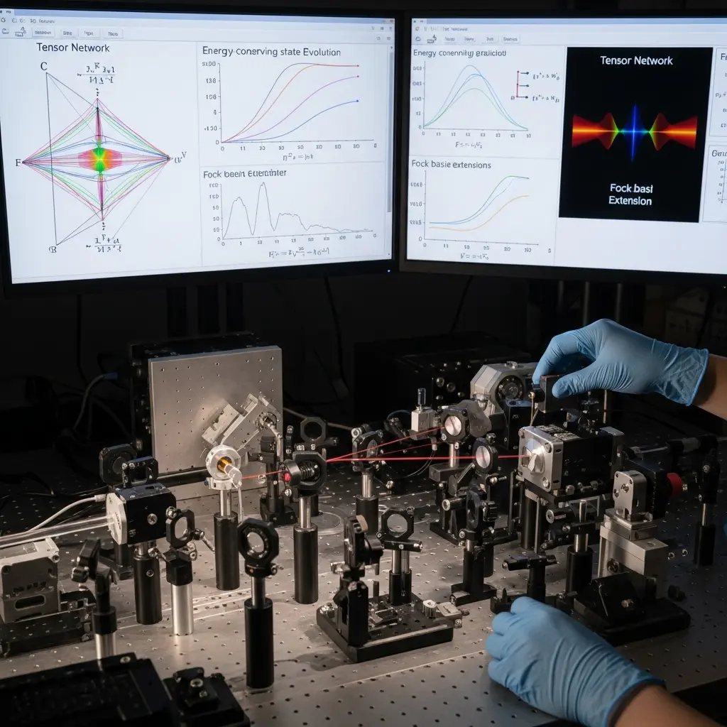 Tensor-network Approach Efficiently Models Quantum Optical State Evolution Beyond the Fock Basis, Conserving Energy in Nonlinear Systems