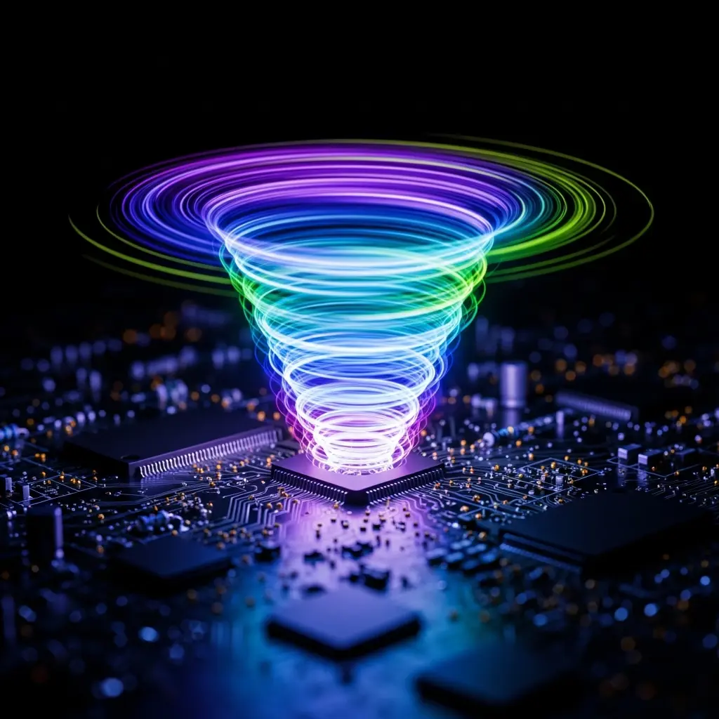 Colorful neon vortex funnel rising from a glowing base on a circuit board, with purple, blue, and green rings spiraling upward in a dark setting.