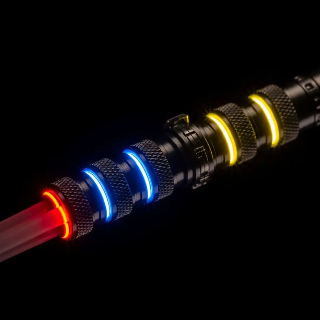 Segmented cylindrical device with glowing red, blue, and yellow sections aligned along a central axis against a black background.