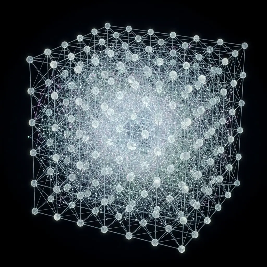 Abstract illustration of a perfect three-dimensional cube lattice formed by evenly spaced luminous white nodes or dots arranged in a grid pattern, creating a structured volumetric array against a dark background