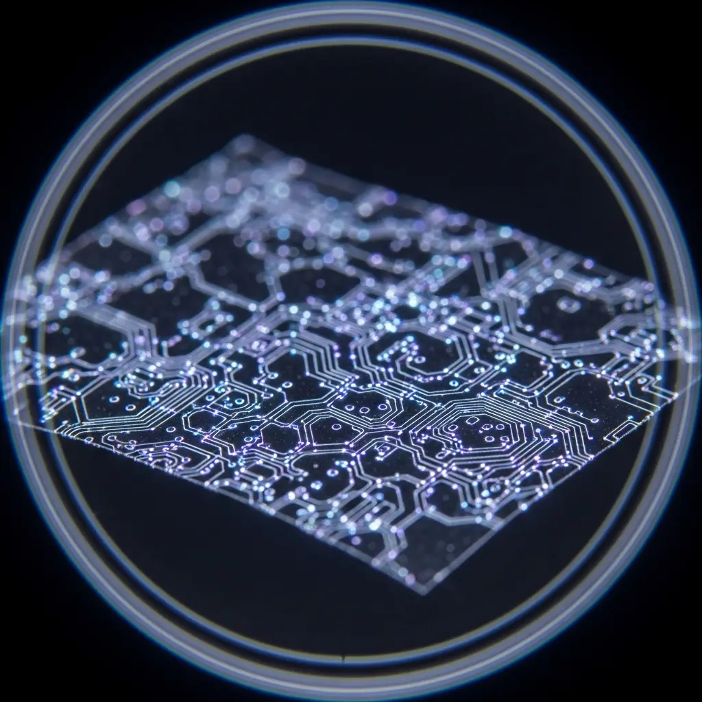 Glowing blue circular frame enclosing a rectangular lattice network of interconnected nodes, suspended against a dark background.