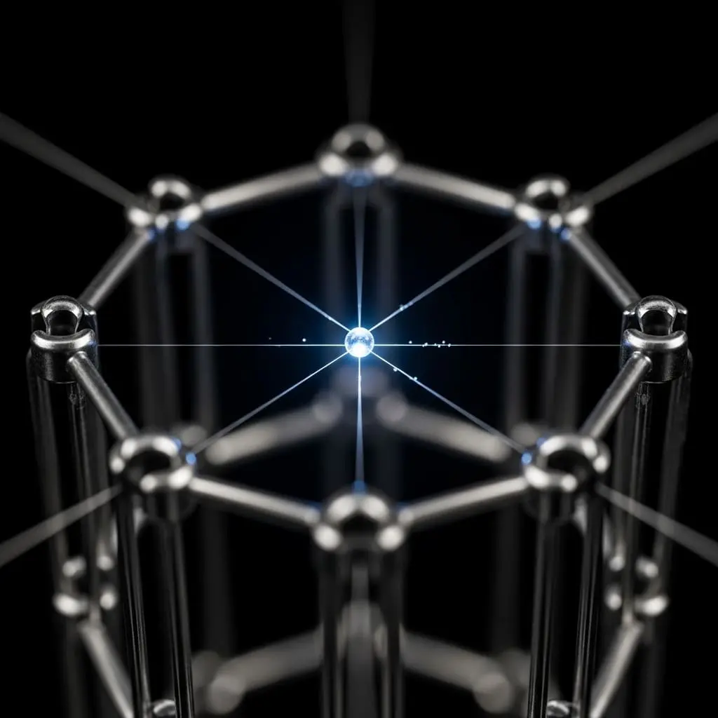 Metallic hexagonal nanostructure with a glowing central particle emitting light rays, representing atomic bonding and quantum-scale lattice interactions