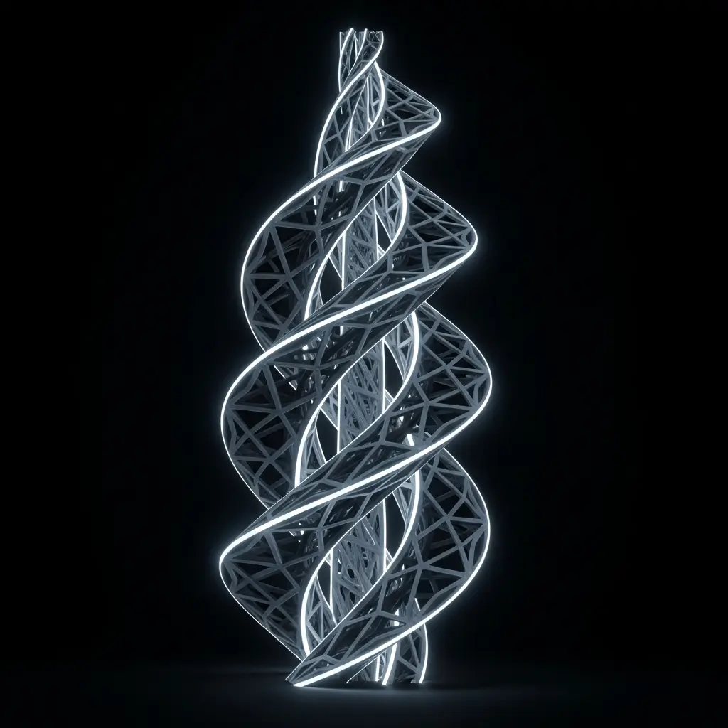 Abstract illustration of a tall vertical spiral or helical strand formed by thousands of tiny white luminous particles and dots, twisting upward in a double helix formation against a dark background