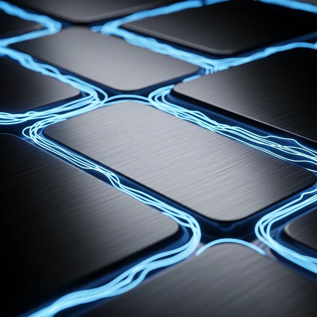 Close-up of metallic rectangular panels connected by glowing blue electric pathways, resembling a futuristic circuit or energy grid surface.