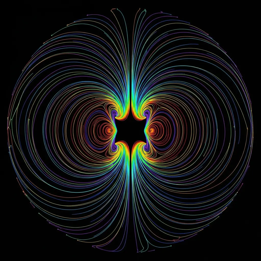Colorful magnetic field lines forming a symmetrical pattern around two central poles, creating a butterfly-like shape on a dark background