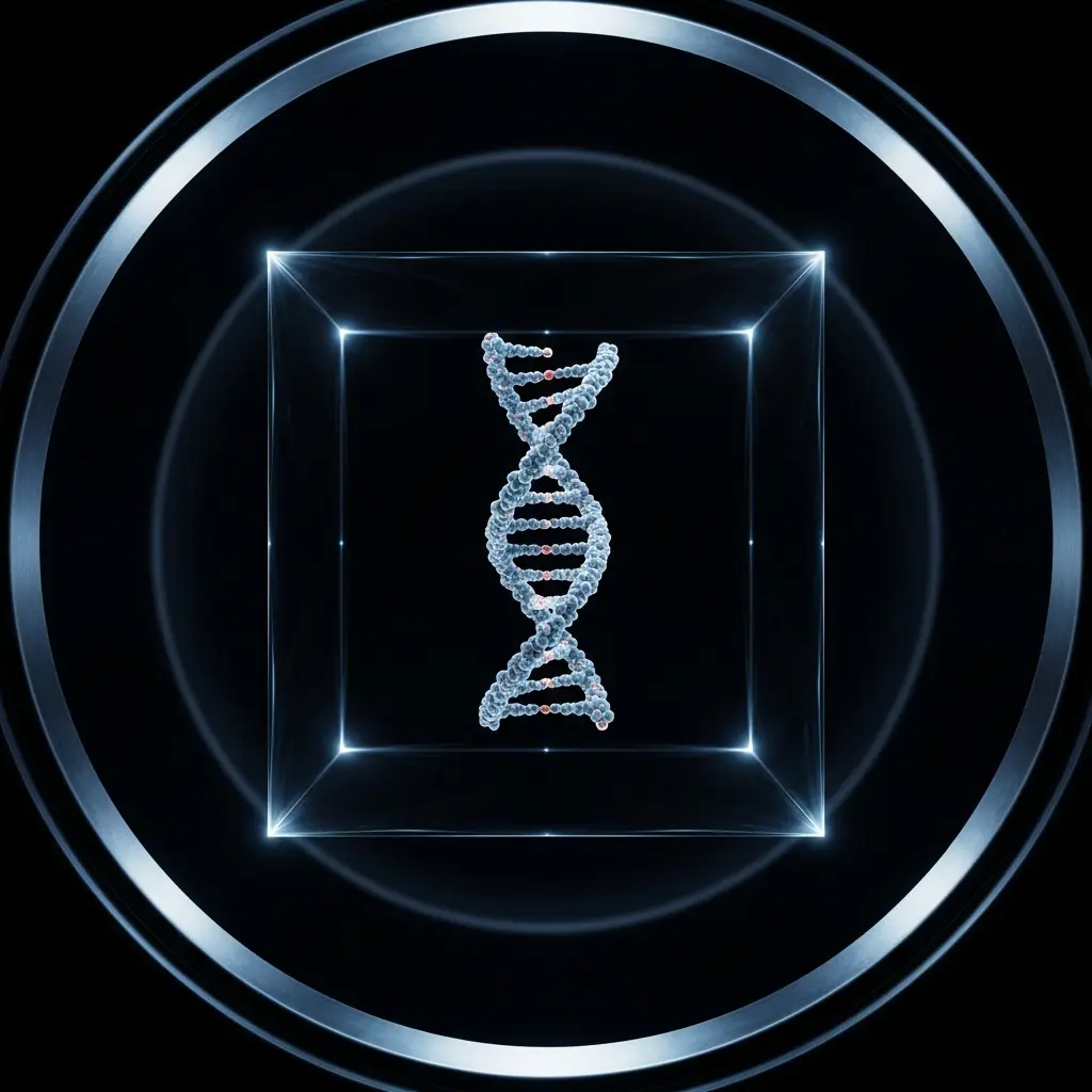 Glowing DNA double helix suspended inside a luminous cube and circular frame, symbolizing genetic data, biotechnology, and quantum-inspired bioinformatics