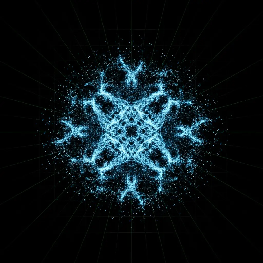Glowing blue electric snowflake or fractal pattern on a dark background